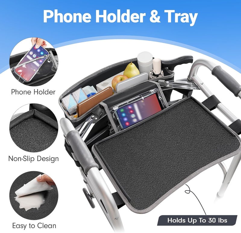 Ytonet Walker Basket with Tray, Detachable Walker Tray for Folding Walkers, Large Capacity Storage Basket with Phone and Crutch Holder, Water-Resistant Non-slip Walkers Accessories for Seniors (Black) - Image 3